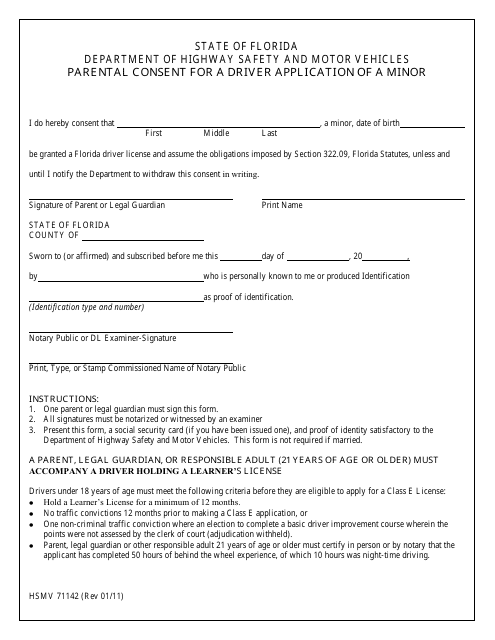 Form HSMV71142 Parental Consent for a Driver Application of a Minor - Florida