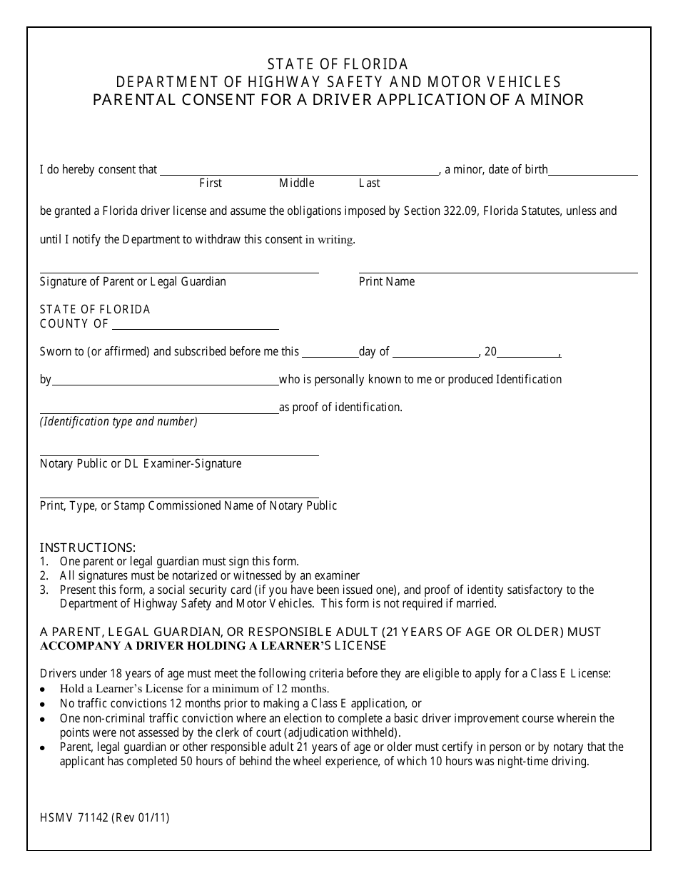 Form HSMV71142 Parental Consent for a Driver Application of a Minor - Florida, Page 1