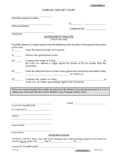 Form CCR G-40 Garnishment Praecipe - Fairfax County, Virginia
