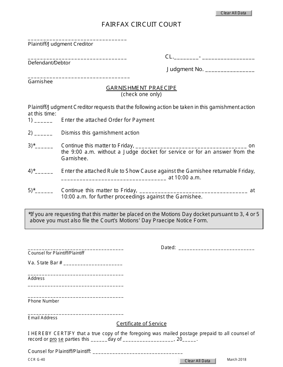 Form CCR G-40 Garnishment Praecipe - Fairfax County, Virginia, Page 1