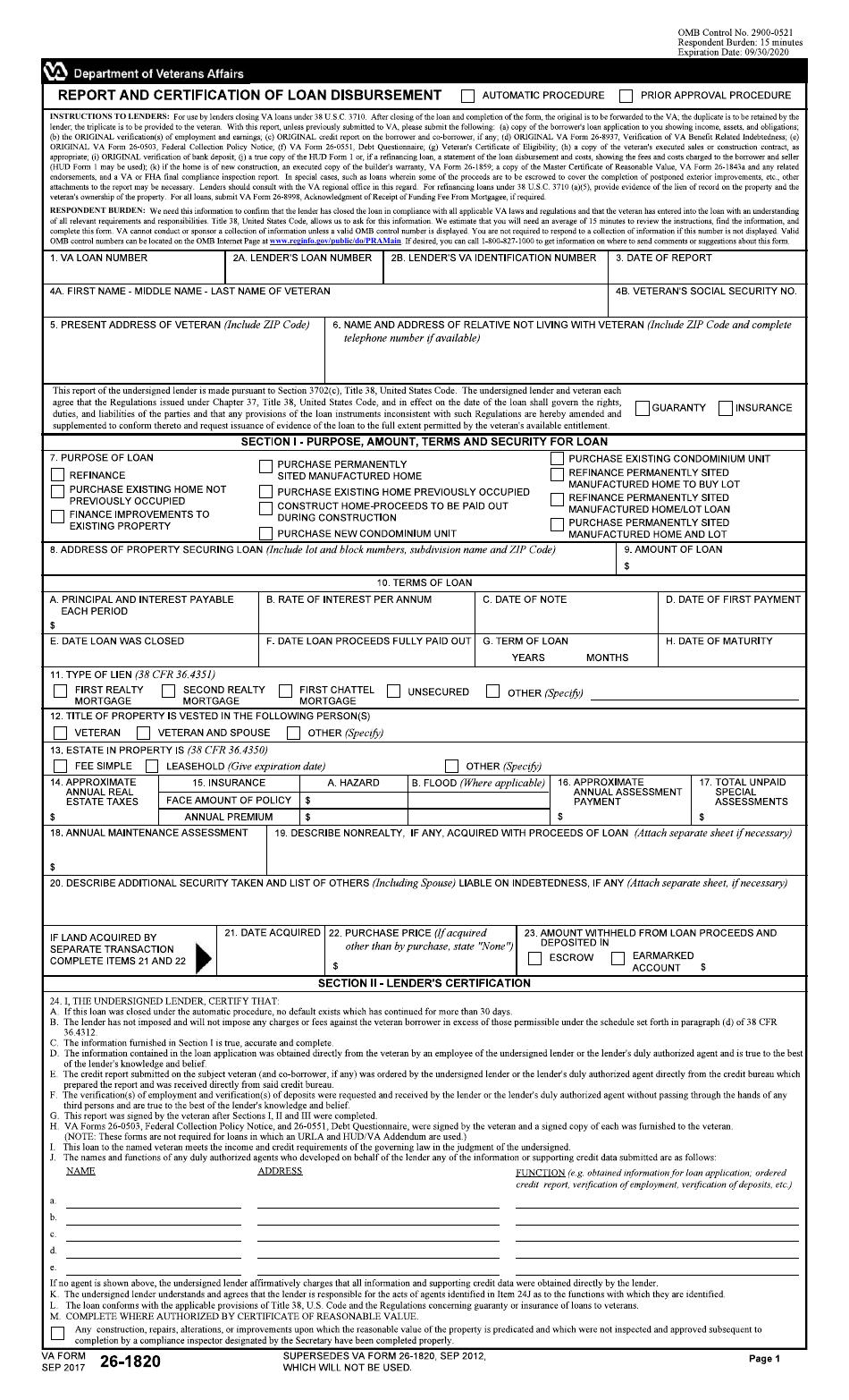 VA Form 26-1820 Report and Certification of Loan Disbursement, Page 1
