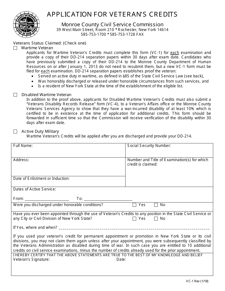 Form VC-1 Application for Veterans Credits - Monroe County, New York, Page 1