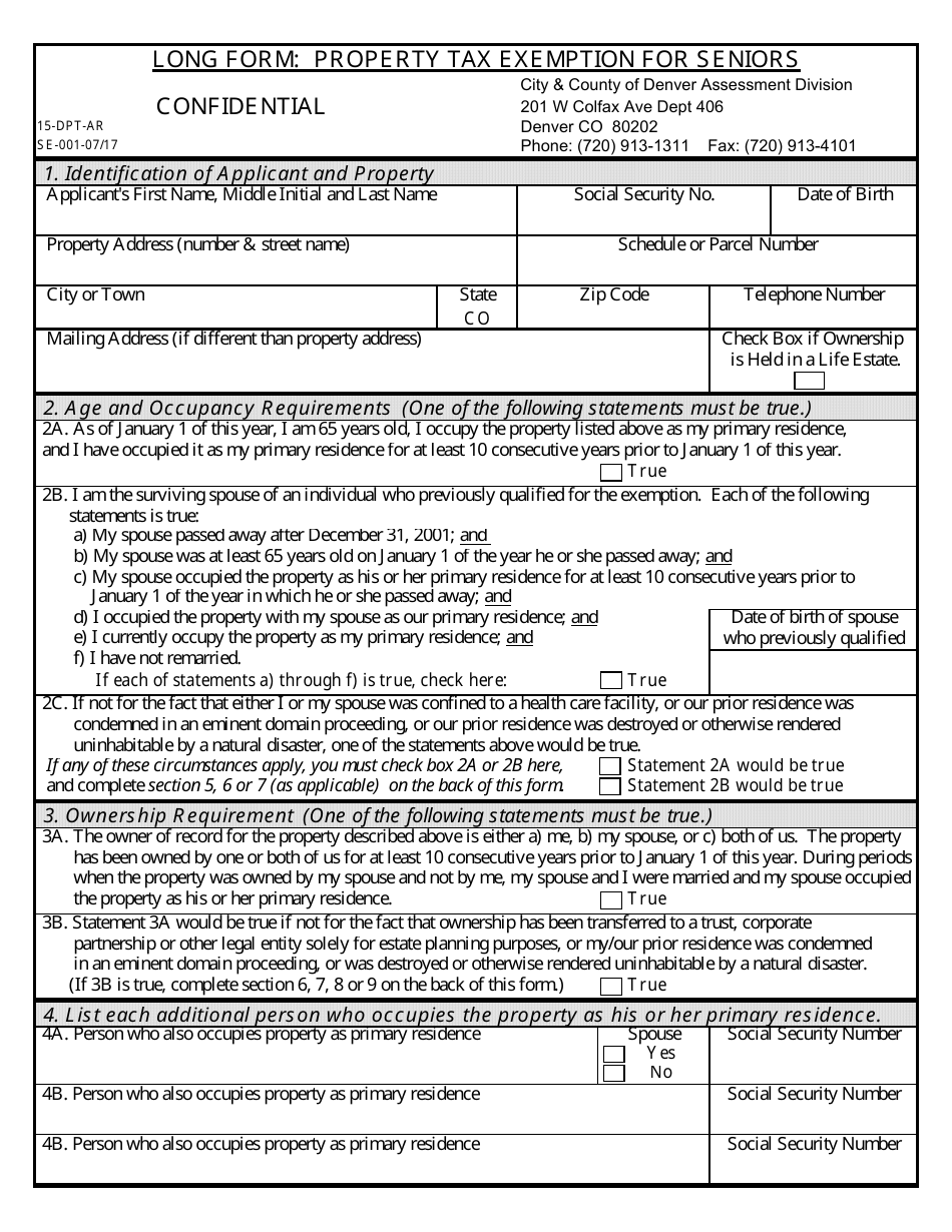 Form 15-DPT-AR Long Form: Property Tax Exemption for Seniors - Colorado, Page 1