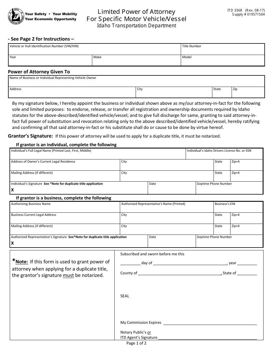 Form ITD3368 Limited Power of Attorney for Specific Motor Vehicle / Vessel - Idaho, Page 1