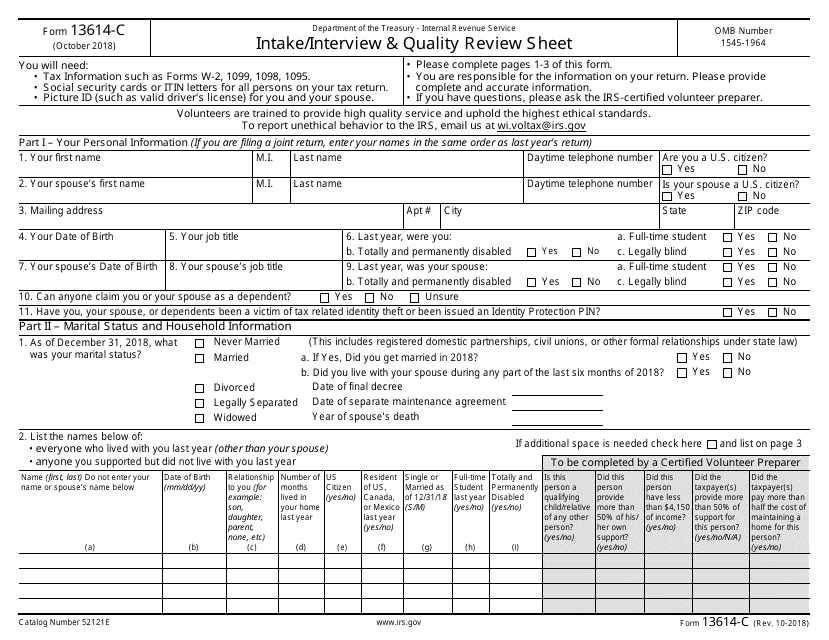 IRS Form 13614-C Intake/Interview & Quality Review Sheet