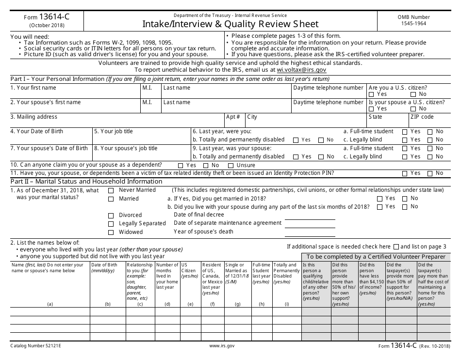IRS Form 13614-C Intake / Interview  Quality Review Sheet, Page 1