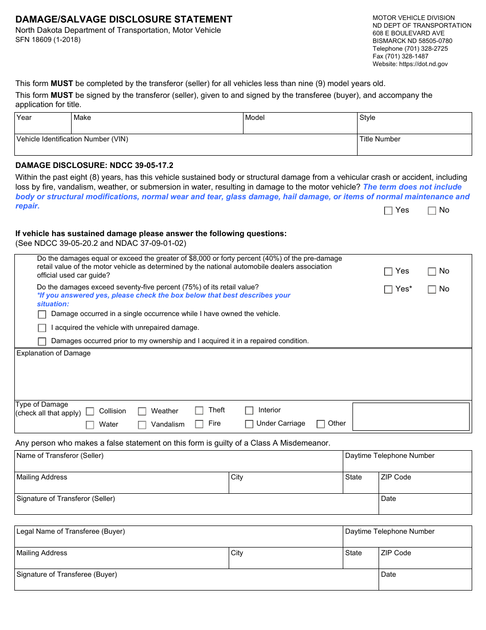 Form SFN18609 Damage / Salvage Disclosure Statement - North Dakota, Page 1