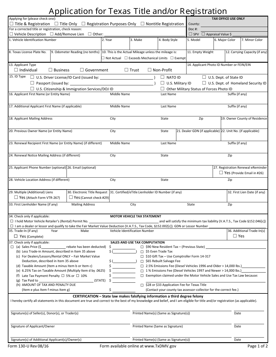 Form 130-U Application for Texas Title and / or Registration - Texas, Page 1