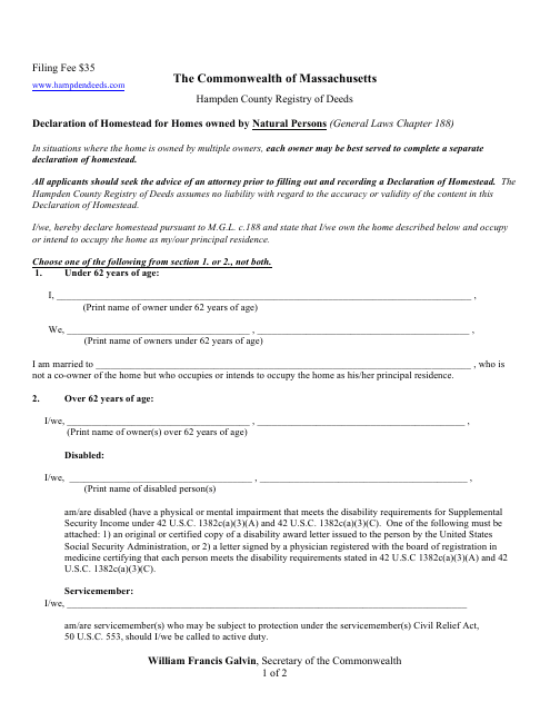 Declaration of Homestead for Homes Owned by Natural Persons - Hampden County, Massachusetts Download Pdf