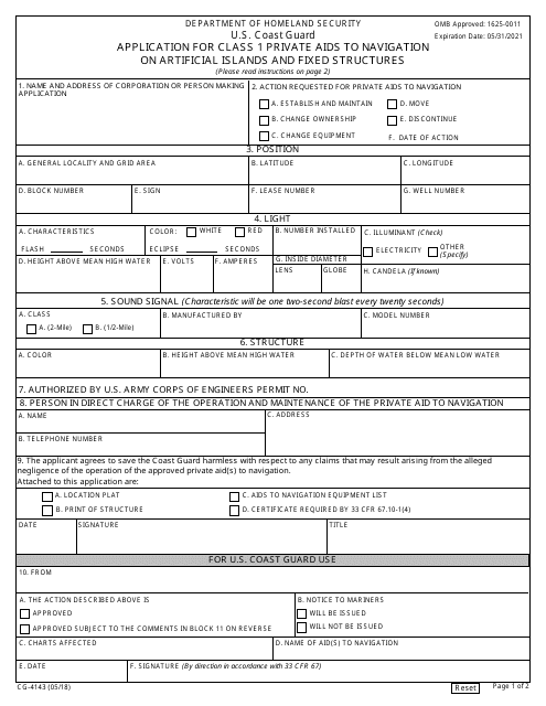 Form CG-4143 Application for Class 1 Private AIDS to Navigation on Artificial Islands and Fixed Structures