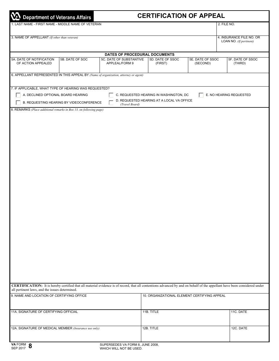 VA Form 8 Certification of Appeal, Page 1