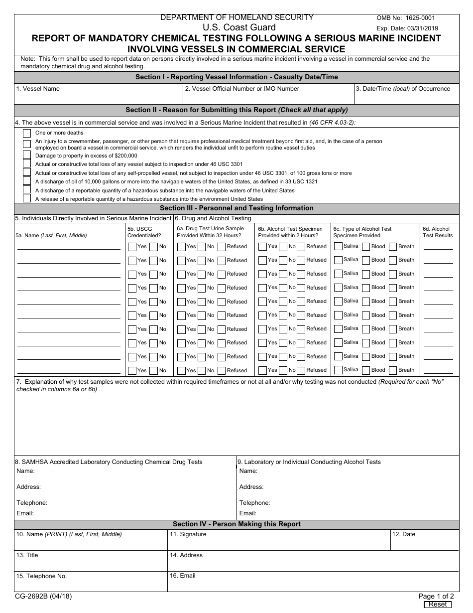 Form CG-2692B Report of Mandatory Chemical Testing Following a Serious Marine Incident Involving Vessels in Commercial Service, Page 1
