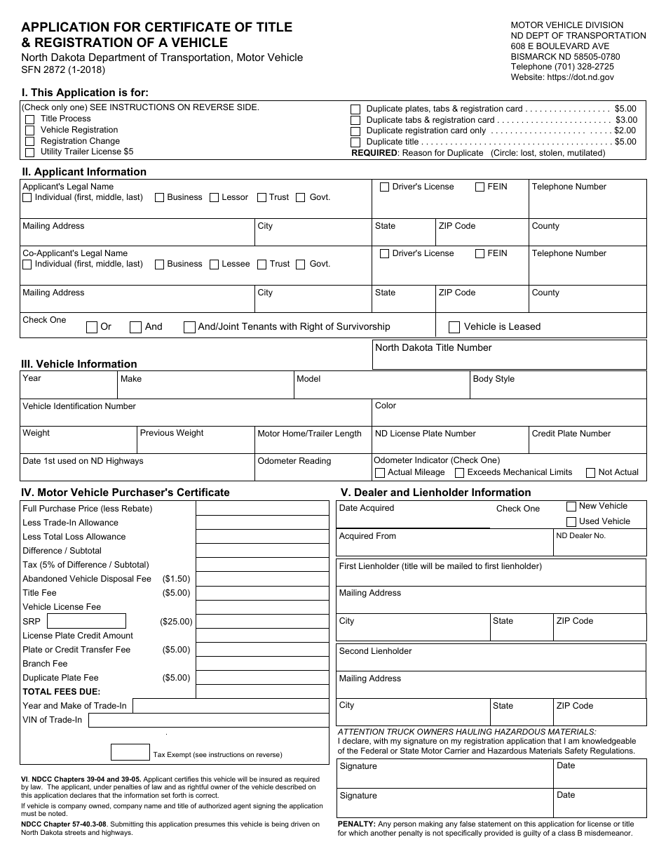 Form SFN2872 Application for Certificate of Title  Registration of a Vehicle - North Dakota, Page 1