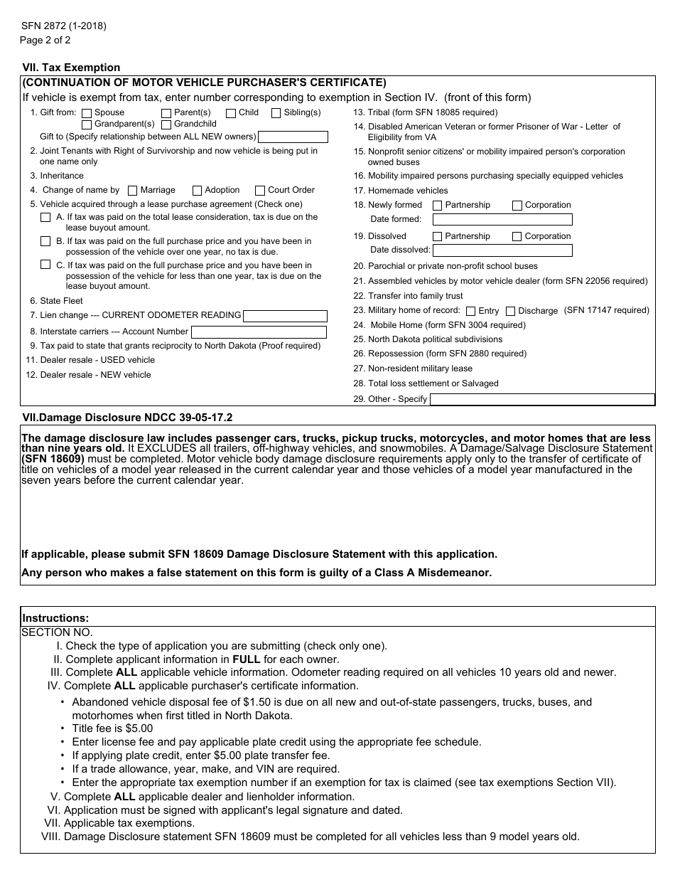 Form SFN2872 Application for Certificate of Title  Registration of a Vehicle - North Dakota, Page 2