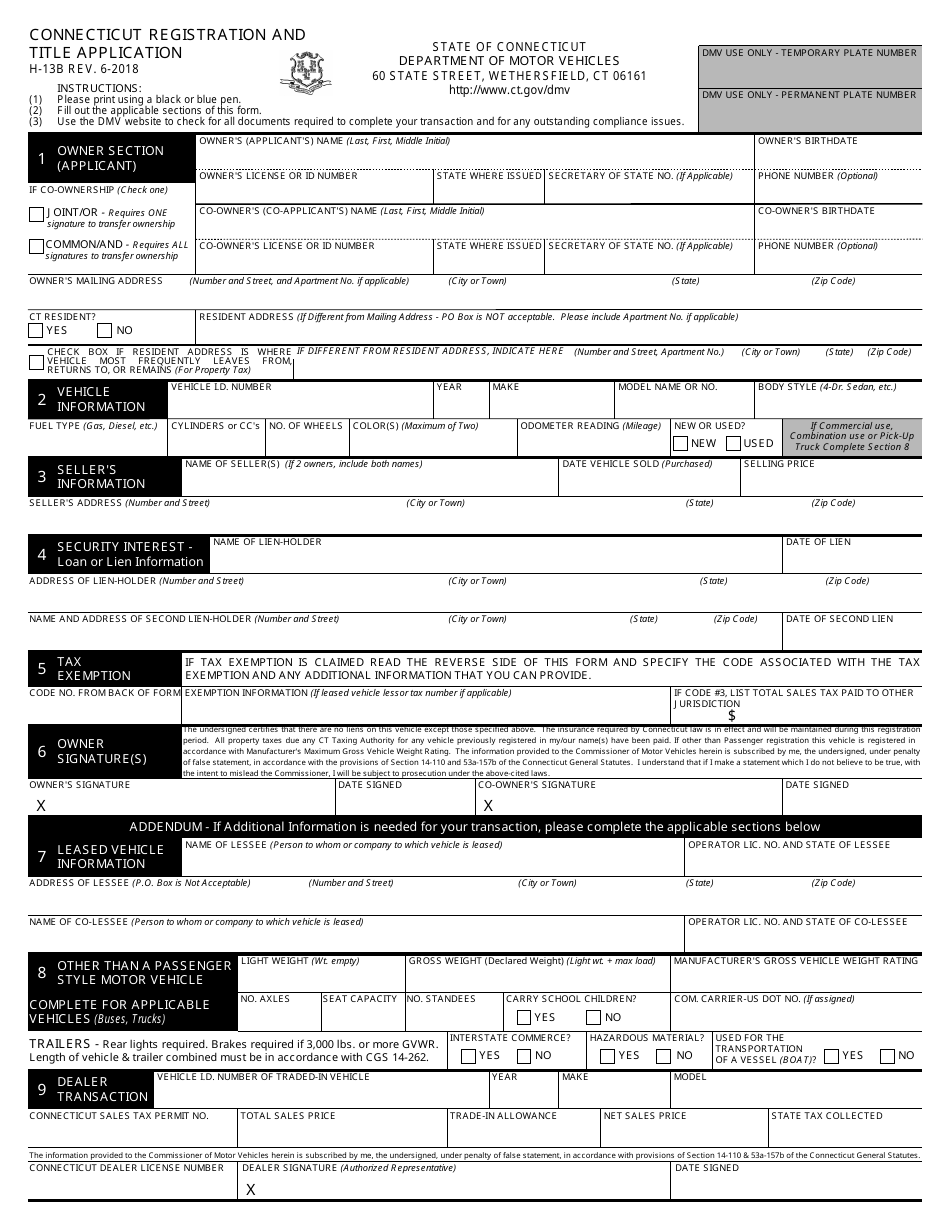 Form H-13B Connecticut Registration and Title Application - Connecticut, Page 1