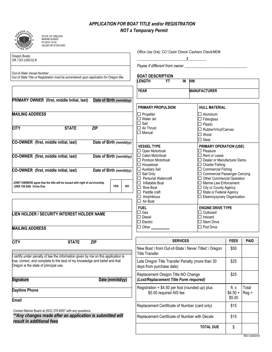Application for Boat Title and / or Registration - Oregon, Page 1