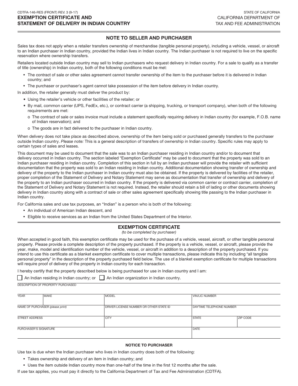 Form CDTFA-146-RES Exemption Certificate and Statement of Delivery in Indian Country - California, Page 1