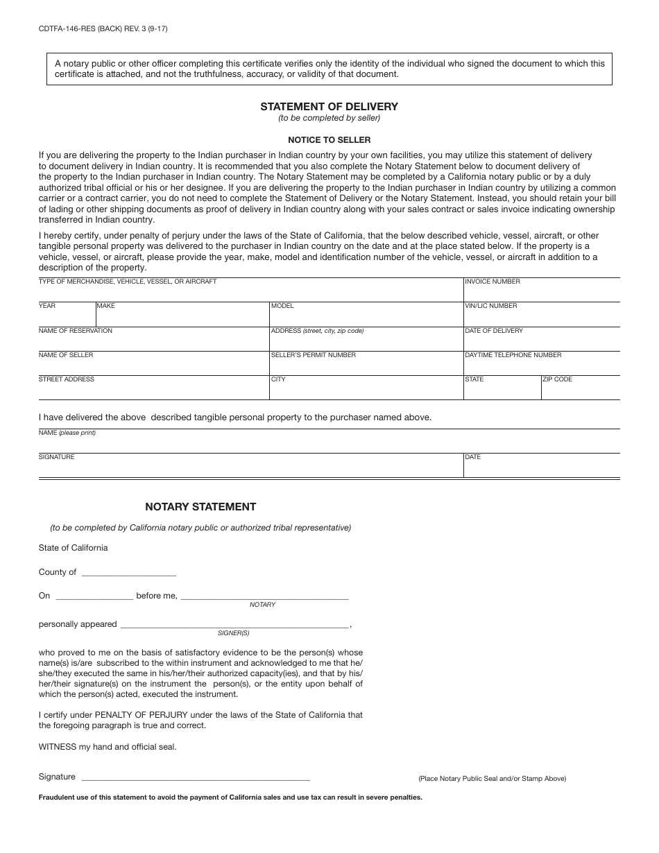 Form CDTFA-146-RES Exemption Certificate and Statement of Delivery in Indian Country - California, Page 2