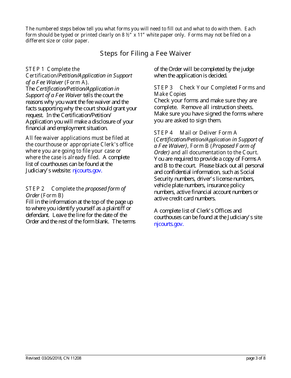 Form 11208 Certification / Petition / Application in Support of a Fee Waiver - New Jersey, Page 3