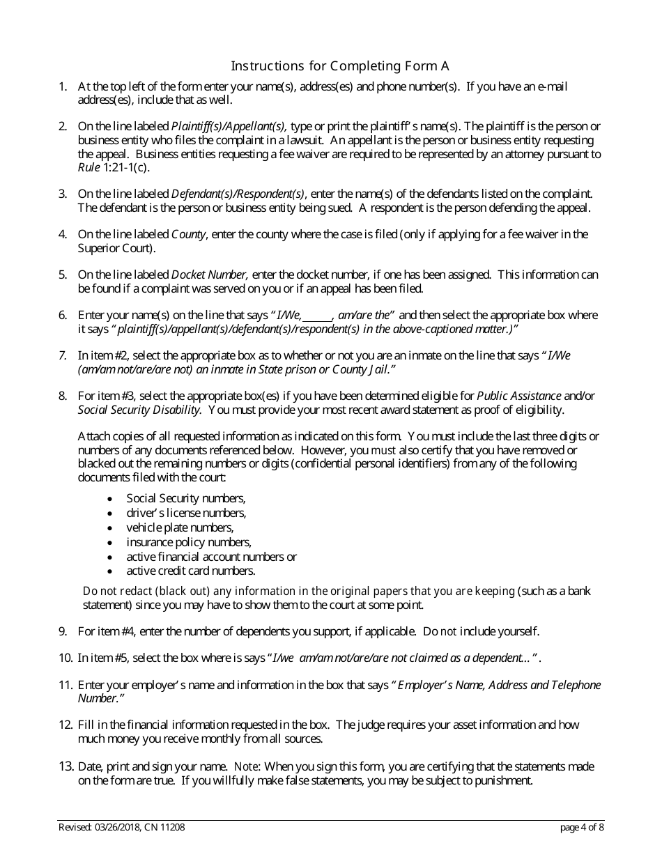 Form 11208 Certification / Petition / Application in Support of a Fee Waiver - New Jersey, Page 4