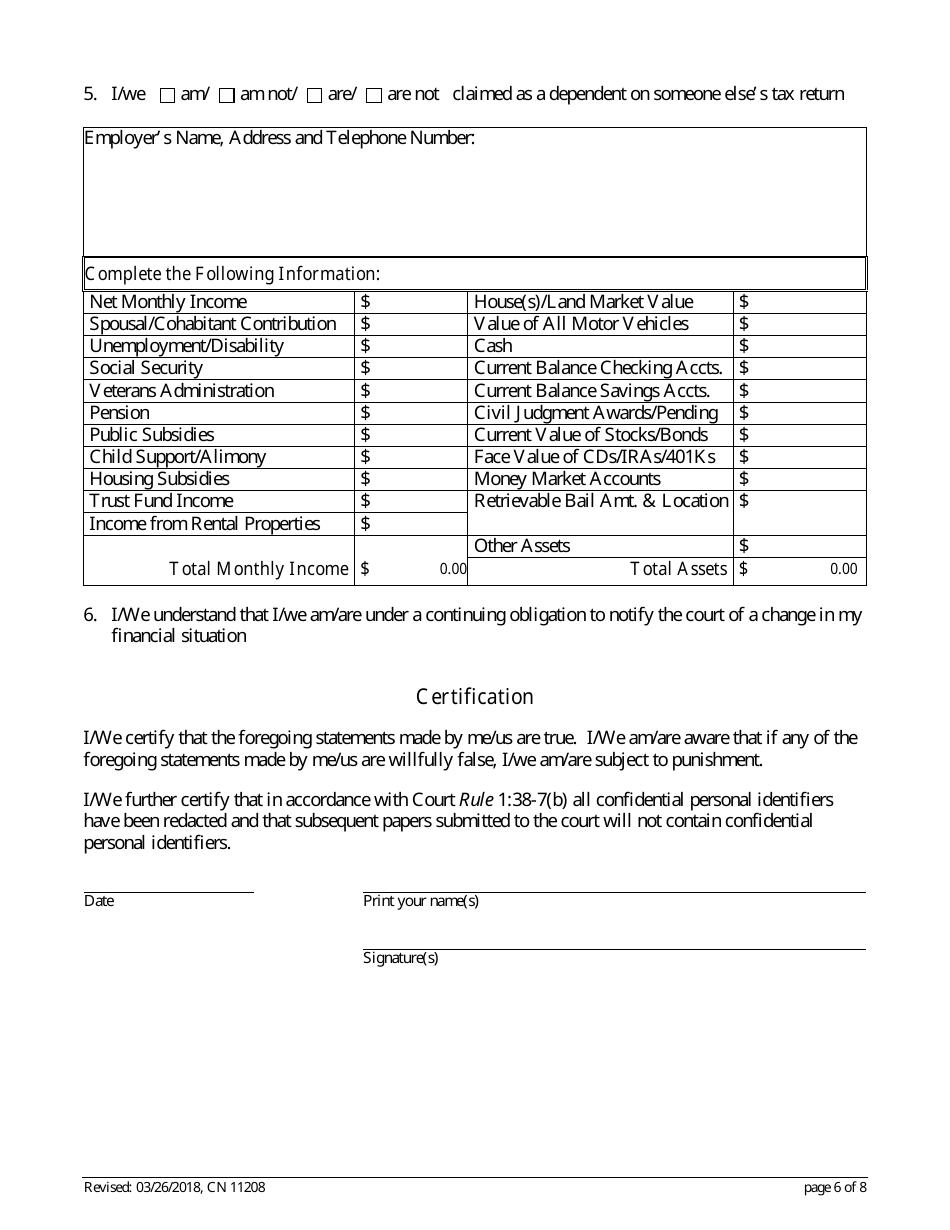 Form 11208 Certification / Petition / Application in Support of a Fee Waiver - New Jersey, Page 6