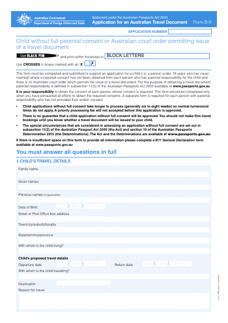 Form B-9 Application for an Australian Travel Document - Australia