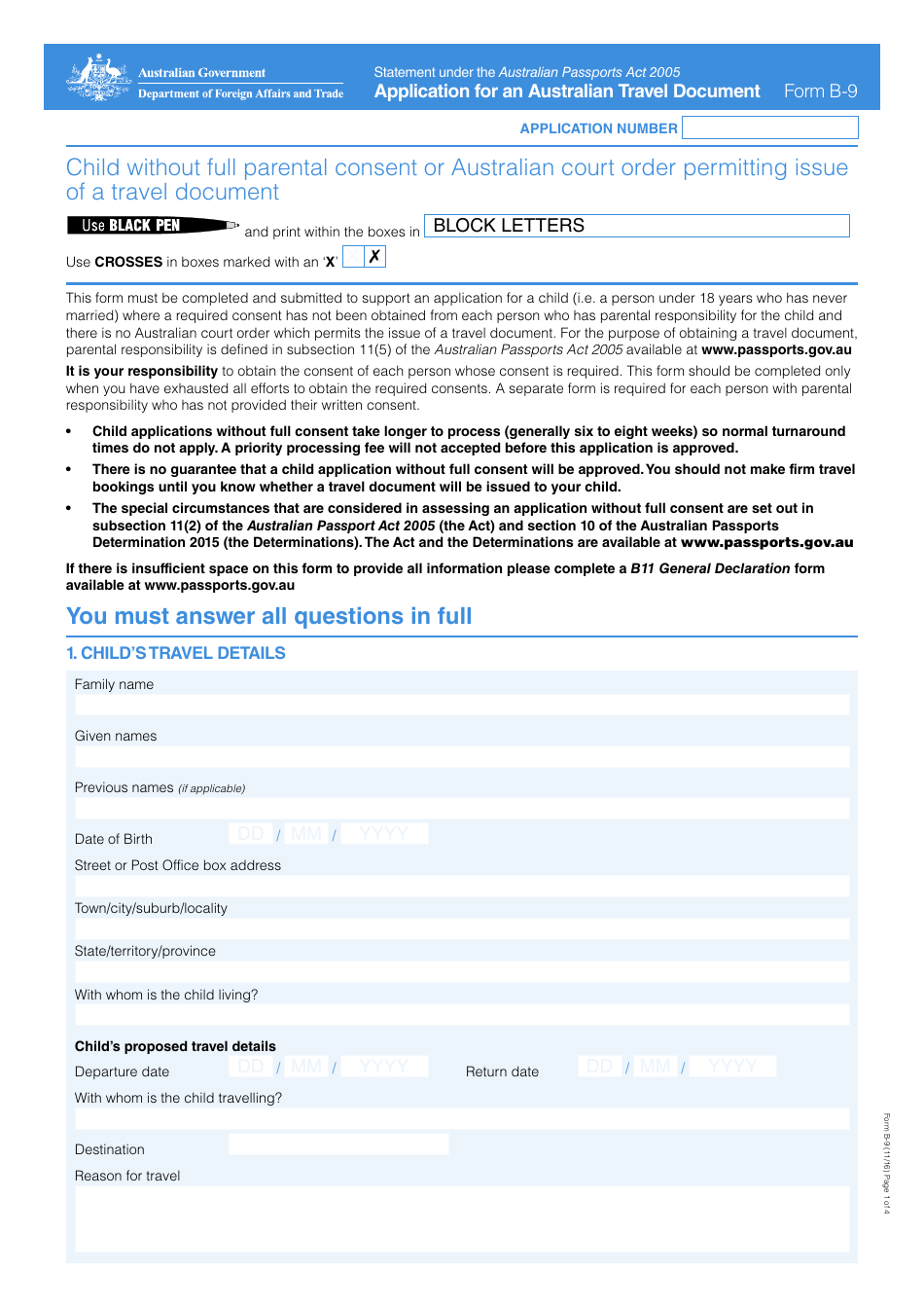 Form B-9 Application for an Australian Travel Document - Australia, Page 1