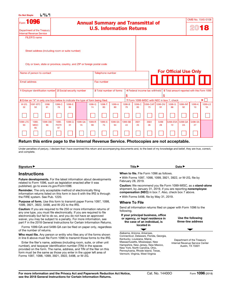 IRS Form 1096 Annual Summary and Transmittal of U.S. Information Returns, Page 2