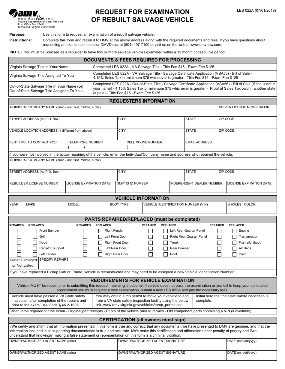 Form LES022A Request for Examination of Rebuilt Salvage Vehicle - Virginia, Page 1