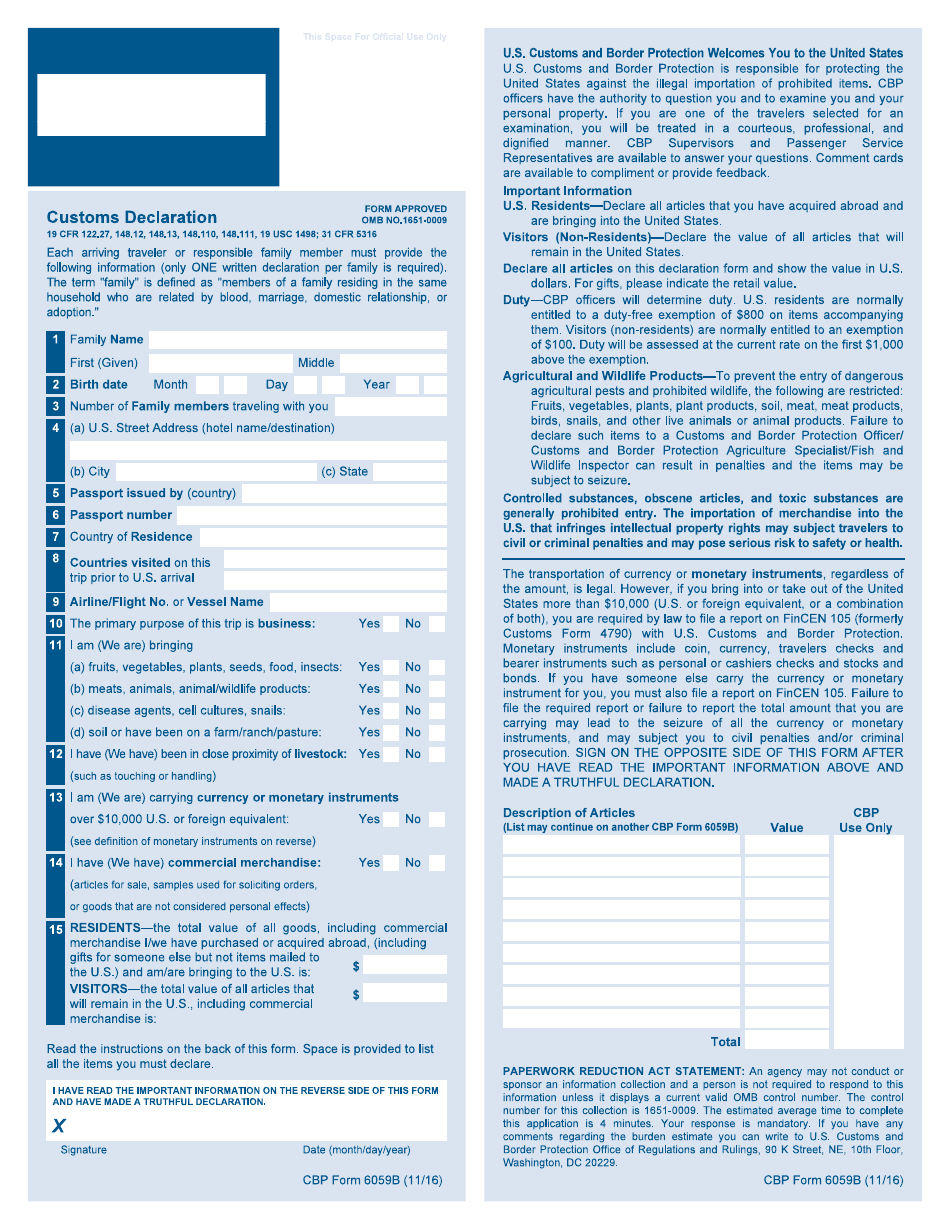 CBP Form 6059B Customs Declaration, Page 1