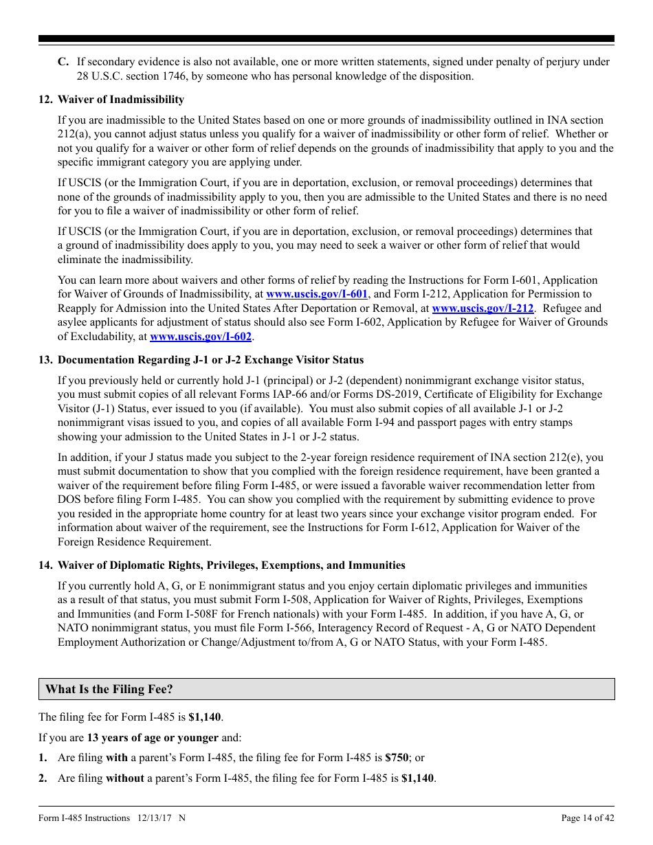 Instructions for USCIS Form I-485 Application to Register Permanent Residence or Adjust Status, Page 14