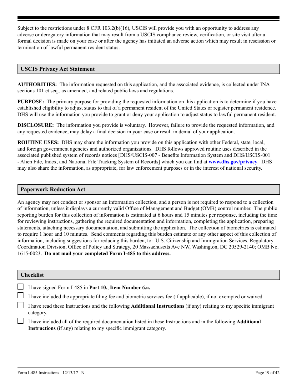 Instructions for USCIS Form I-485 Application to Register Permanent Residence or Adjust Status, Page 19