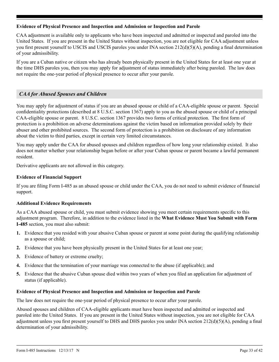 Instructions for USCIS Form I-485 Application to Register Permanent Residence or Adjust Status, Page 33