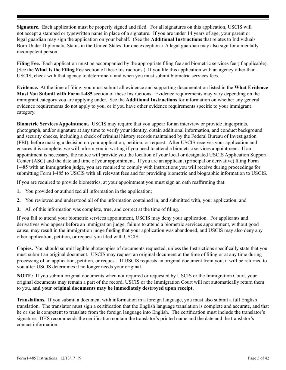 Instructions for USCIS Form I-485 Application to Register Permanent Residence or Adjust Status, Page 5