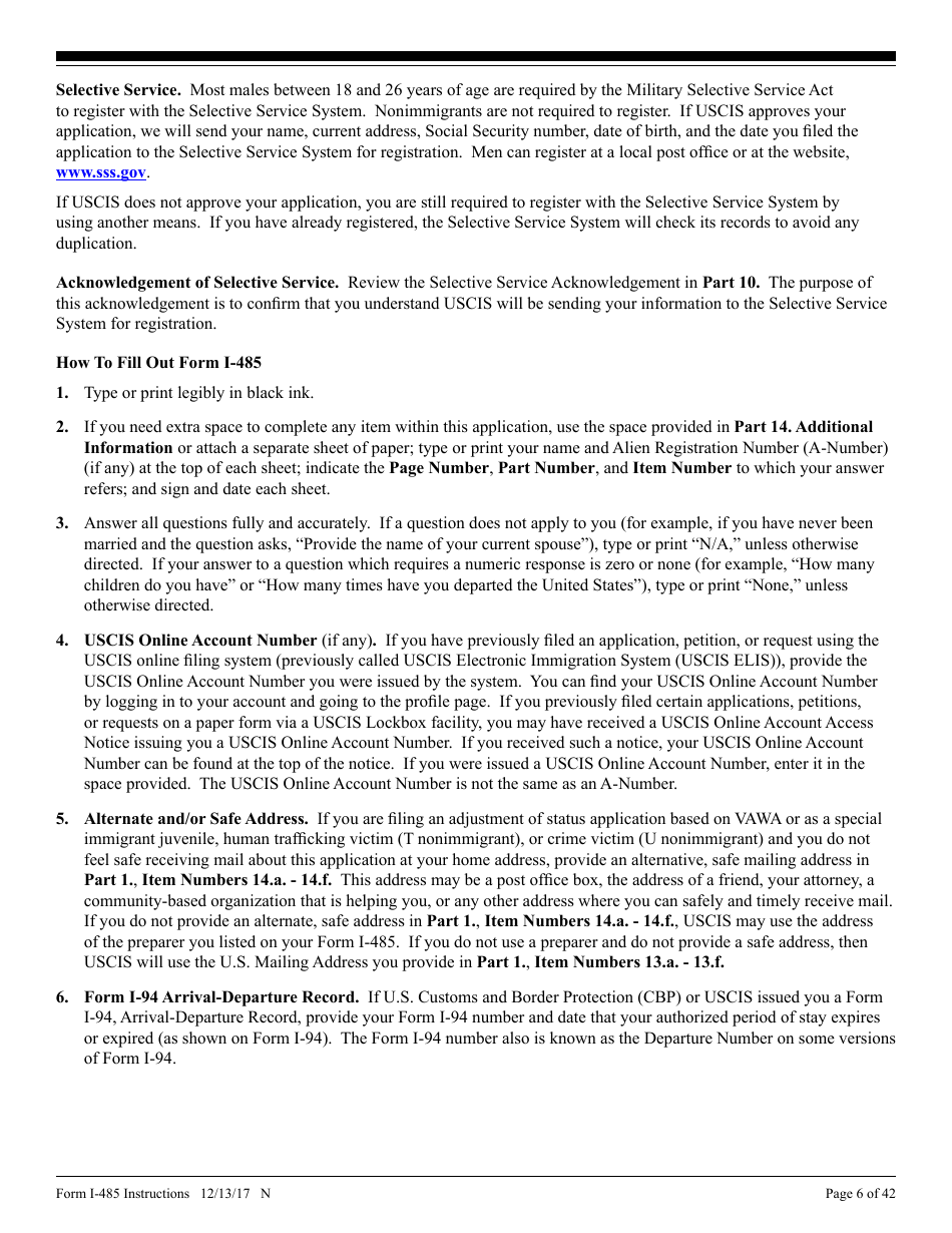 Instructions for USCIS Form I-485 Application to Register Permanent Residence or Adjust Status, Page 6