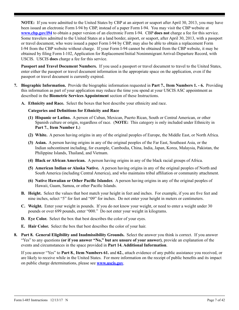 Instructions for USCIS Form I-485 Application to Register Permanent Residence or Adjust Status, Page 7