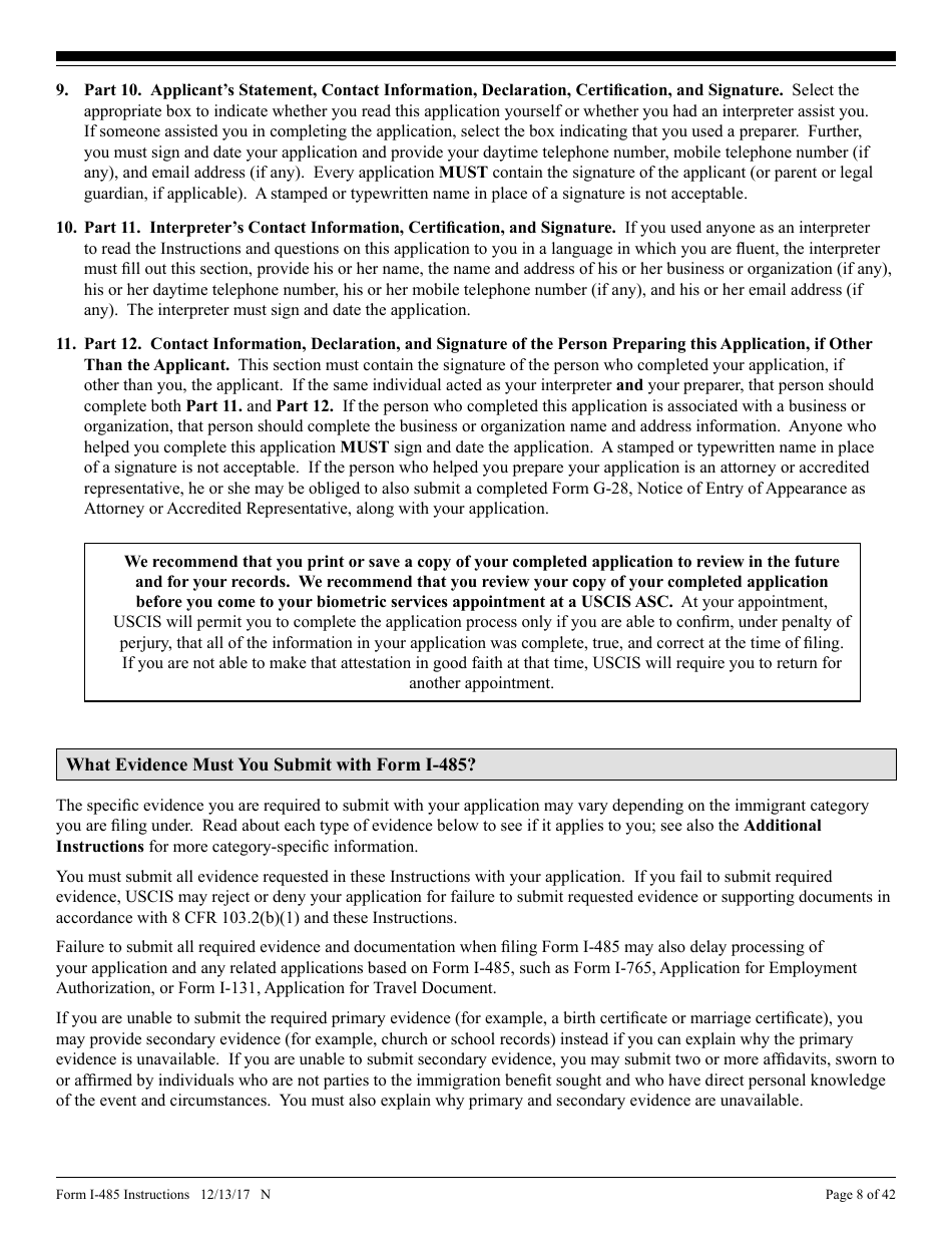 Instructions for USCIS Form I-485 Application to Register Permanent Residence or Adjust Status, Page 8