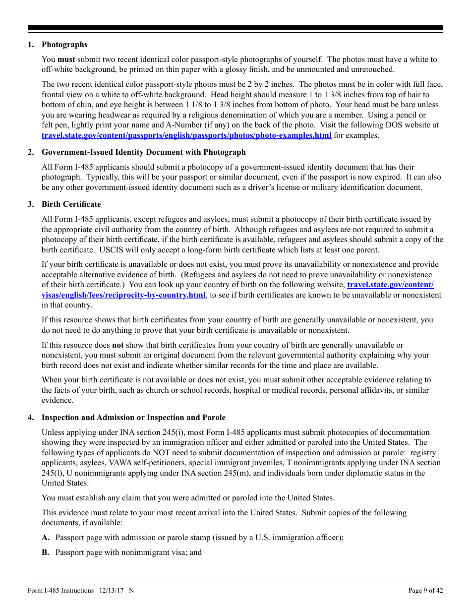 Instructions for USCIS Form I-485 Application to Register Permanent Residence or Adjust Status, Page 9