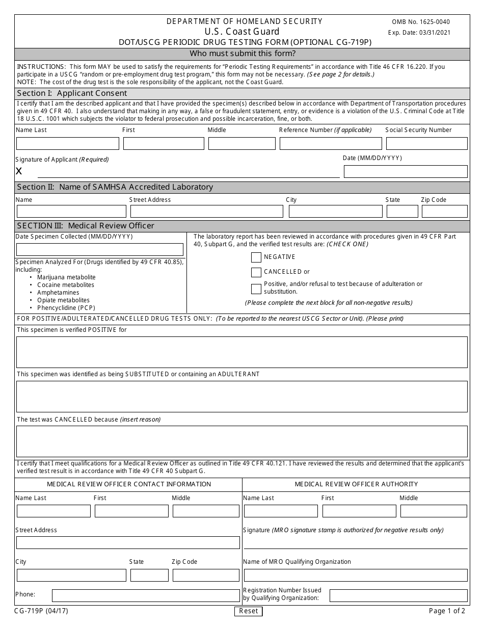 Form CG-719P Dot / USCG Periodic Testing Form (Optional Cg-719p), Page 1