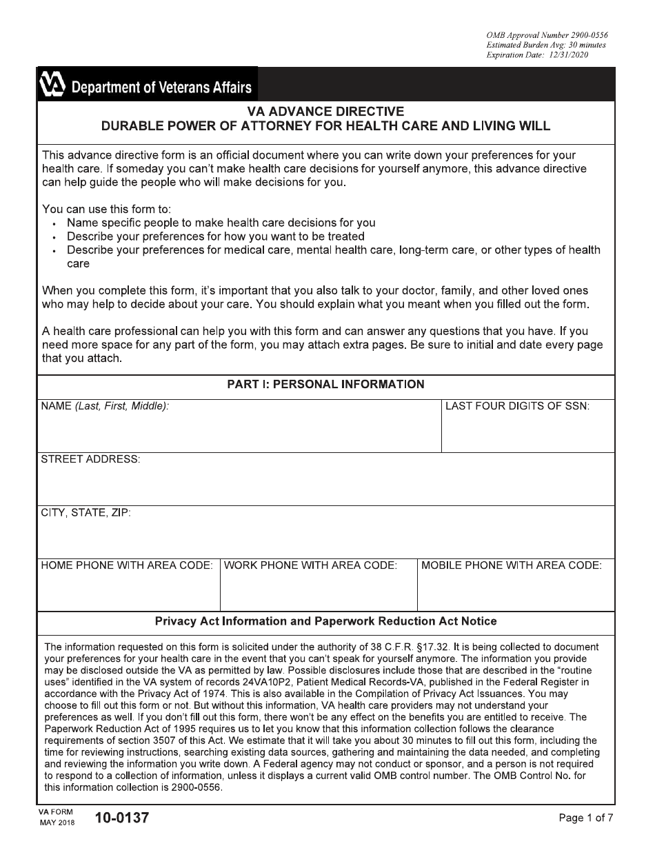 VA Form 10-0137 VA Advance Directive: Durable Power of Attorney for Health Care and Living Will, Page 1