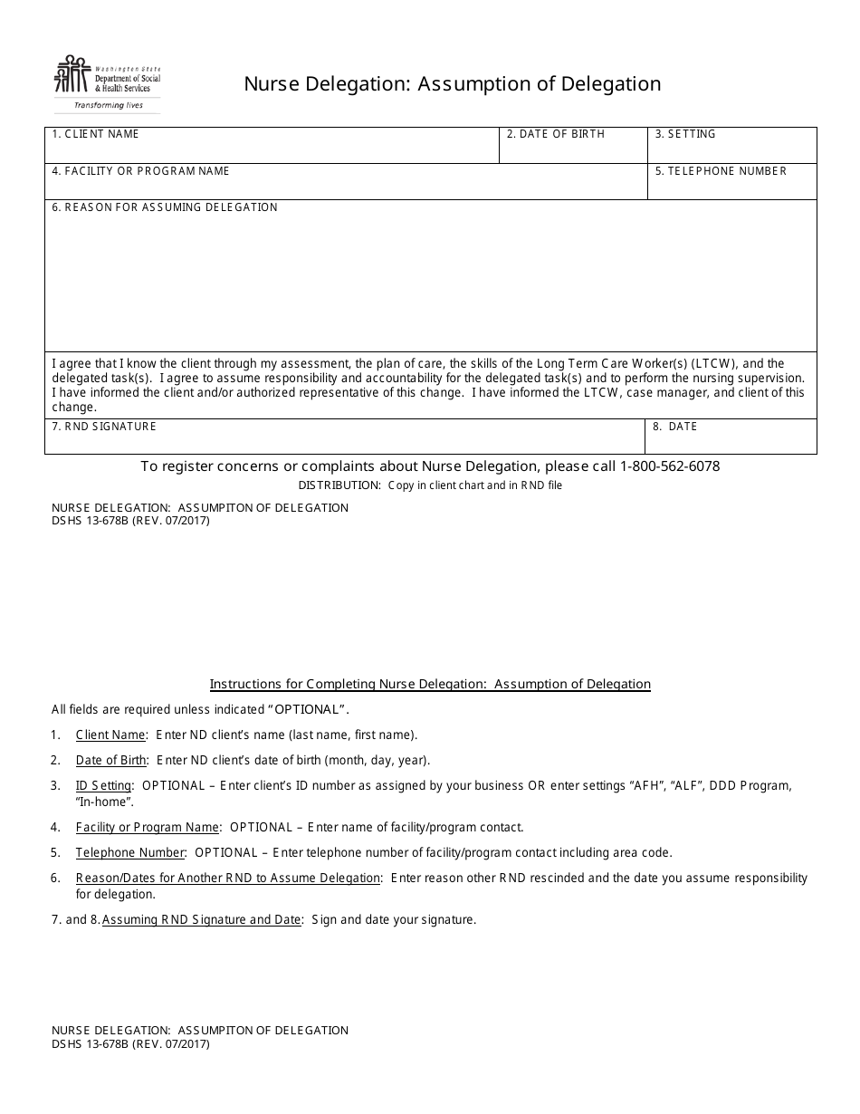 DSHS Form 13-678B Nurse Delegation: Assumption of Delegation - Washington, Page 1