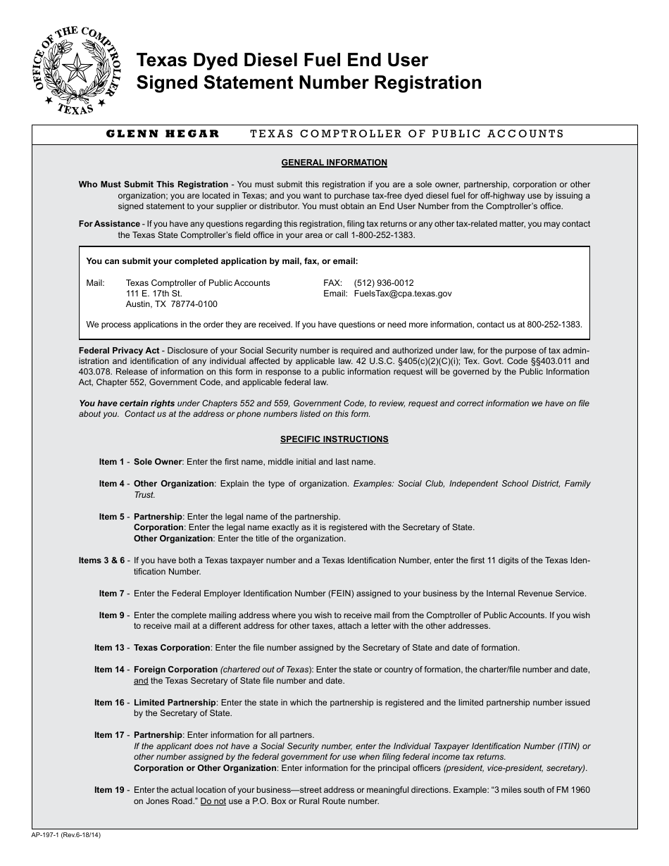 Form AP-197 Texas Diesel Fuel End User Signed Statement Number Registration - Texas, Page 1