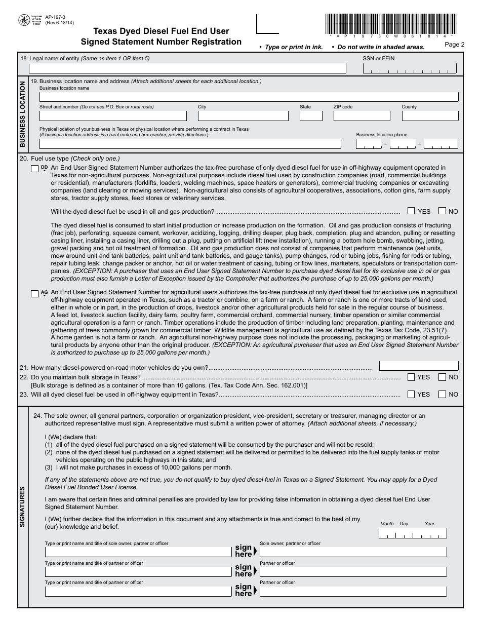 Form AP-197 Texas Diesel Fuel End User Signed Statement Number Registration - Texas, Page 3