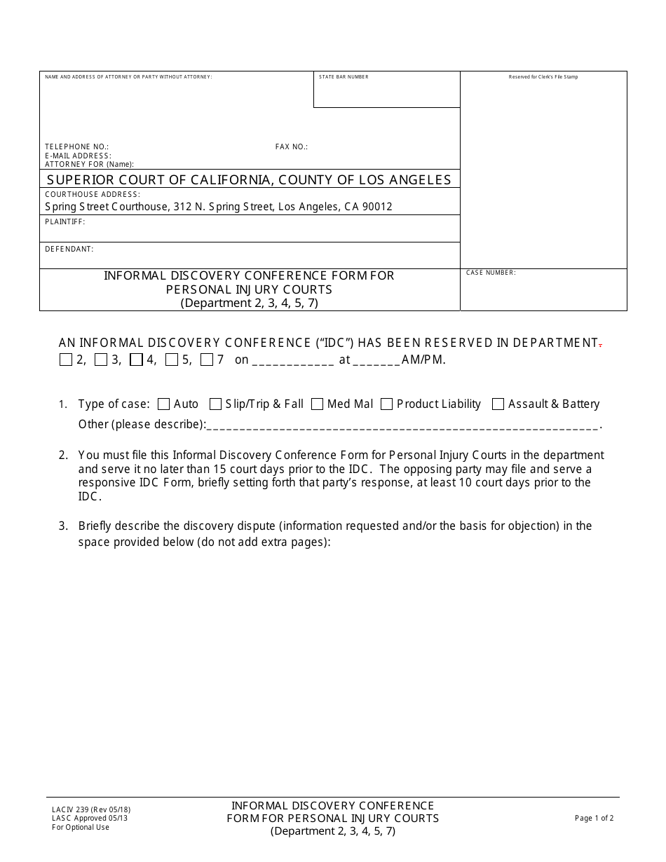Form LACIV239 Informal Discovery Conference Form for Personal Injury Courts - Los Angeles County, California, Page 1