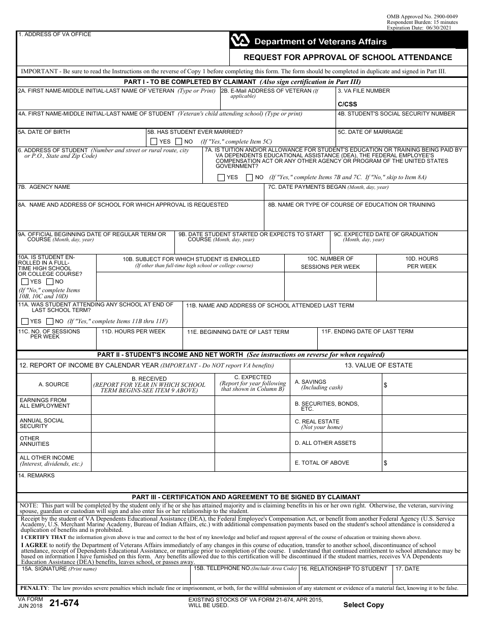 VA Form 21-674 Request for Approval of School Attendance, Page 1