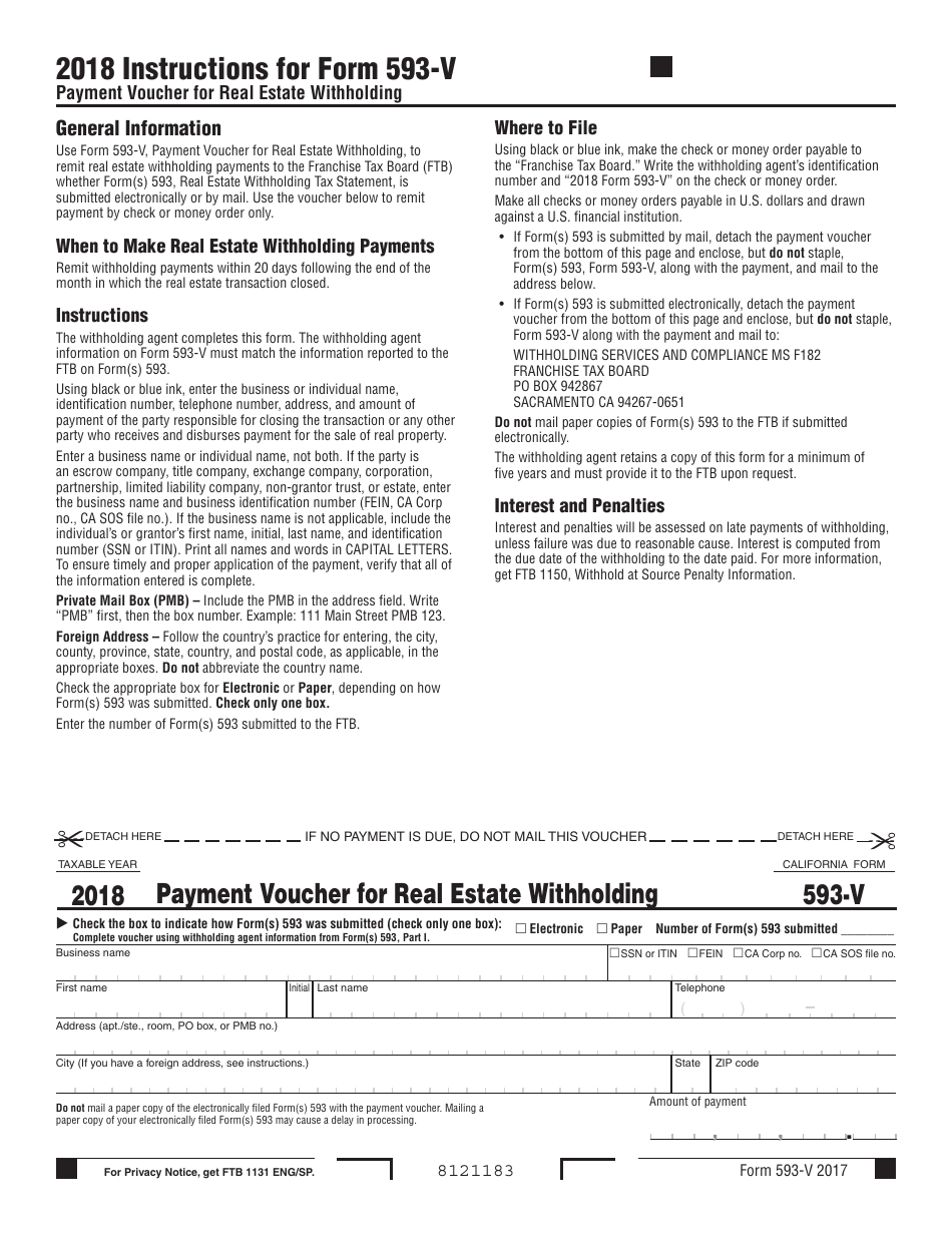 Form 593-V Payment Voucher for Real Estate Withholding - California, Page 1