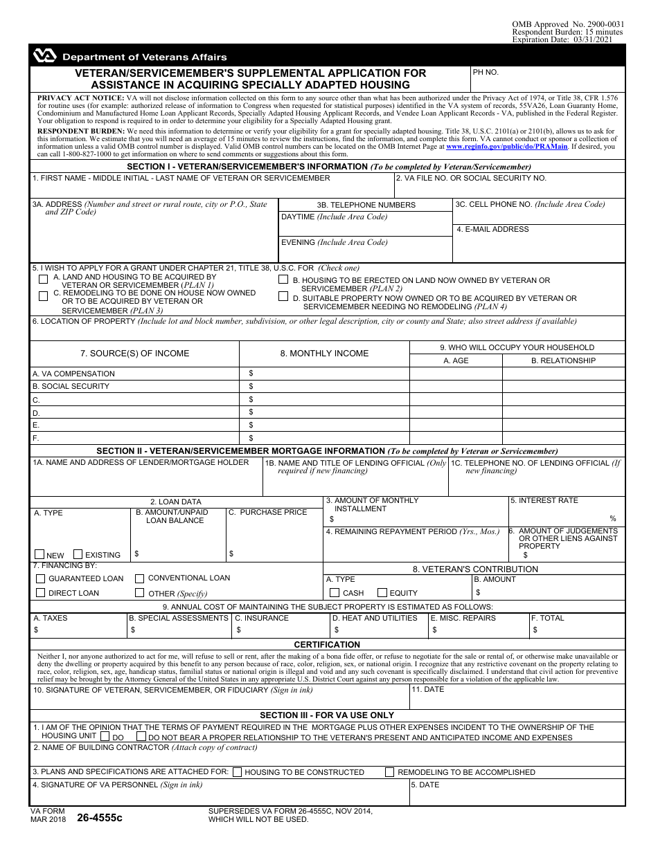 VA Form 26-4555C Veteran / Servicemembers Supplemental Application for Assistance in Acquiring Specially Adapted Housing, Page 1