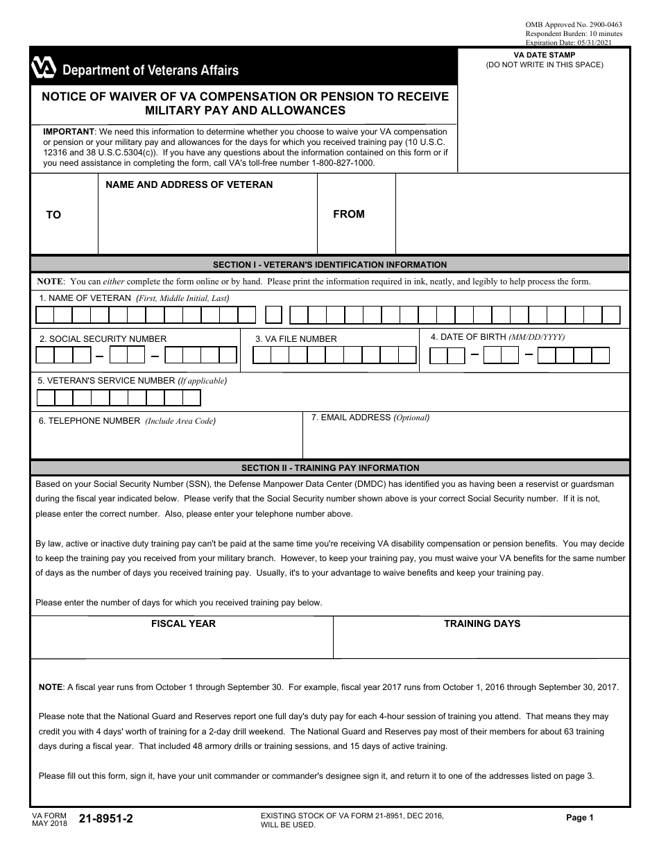 VA Form 21-8951-2 Notice of Waiver of VA Compensation or Pension to Receive Military Pay and Allowances, Page 1