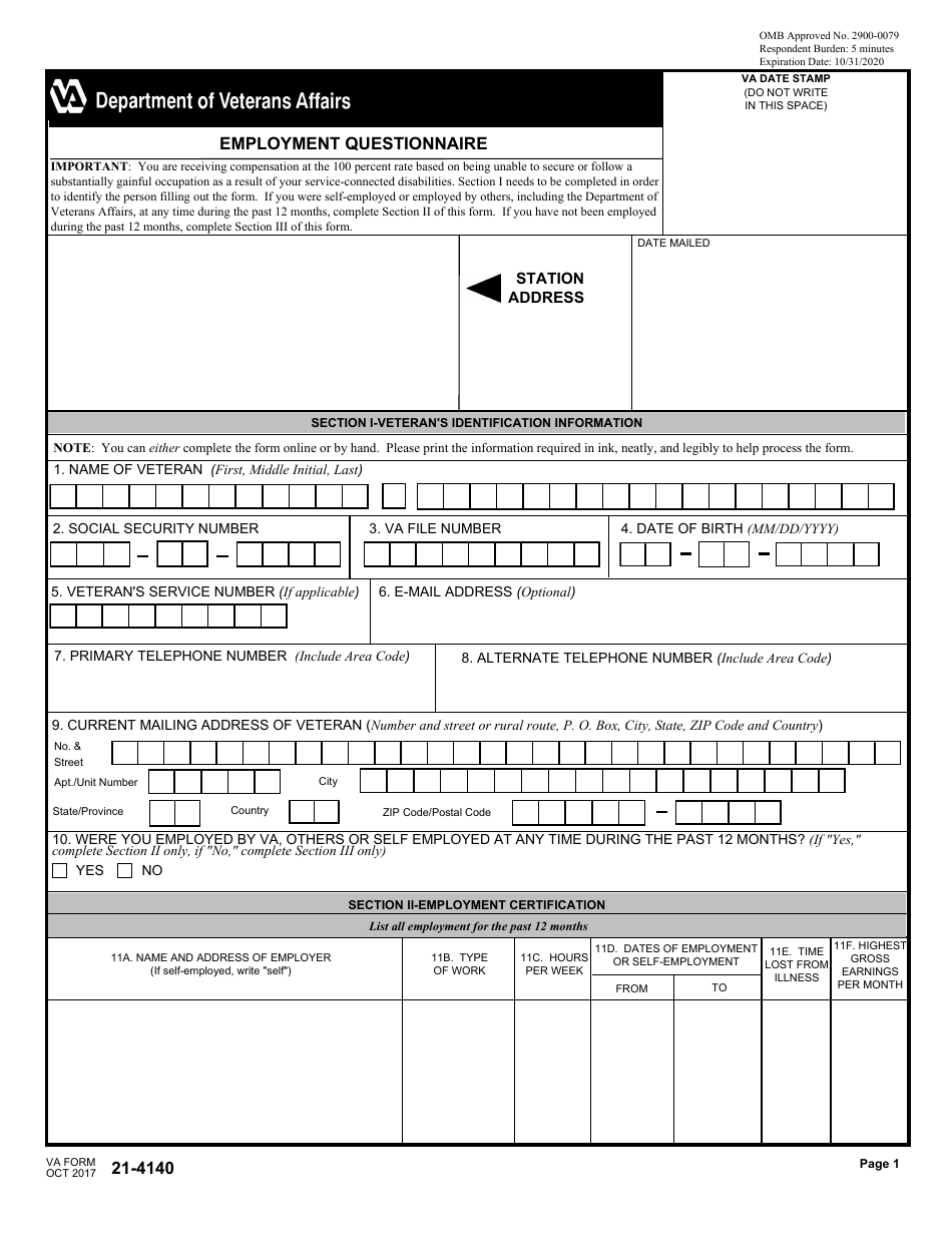 VA Form 21-4140 Employment Questionnaire, Page 1