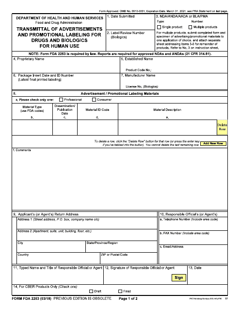 Form FDA2253 Transmittal of Advertisements and Promotional Labeling for Drugs and Biologics for Human Use